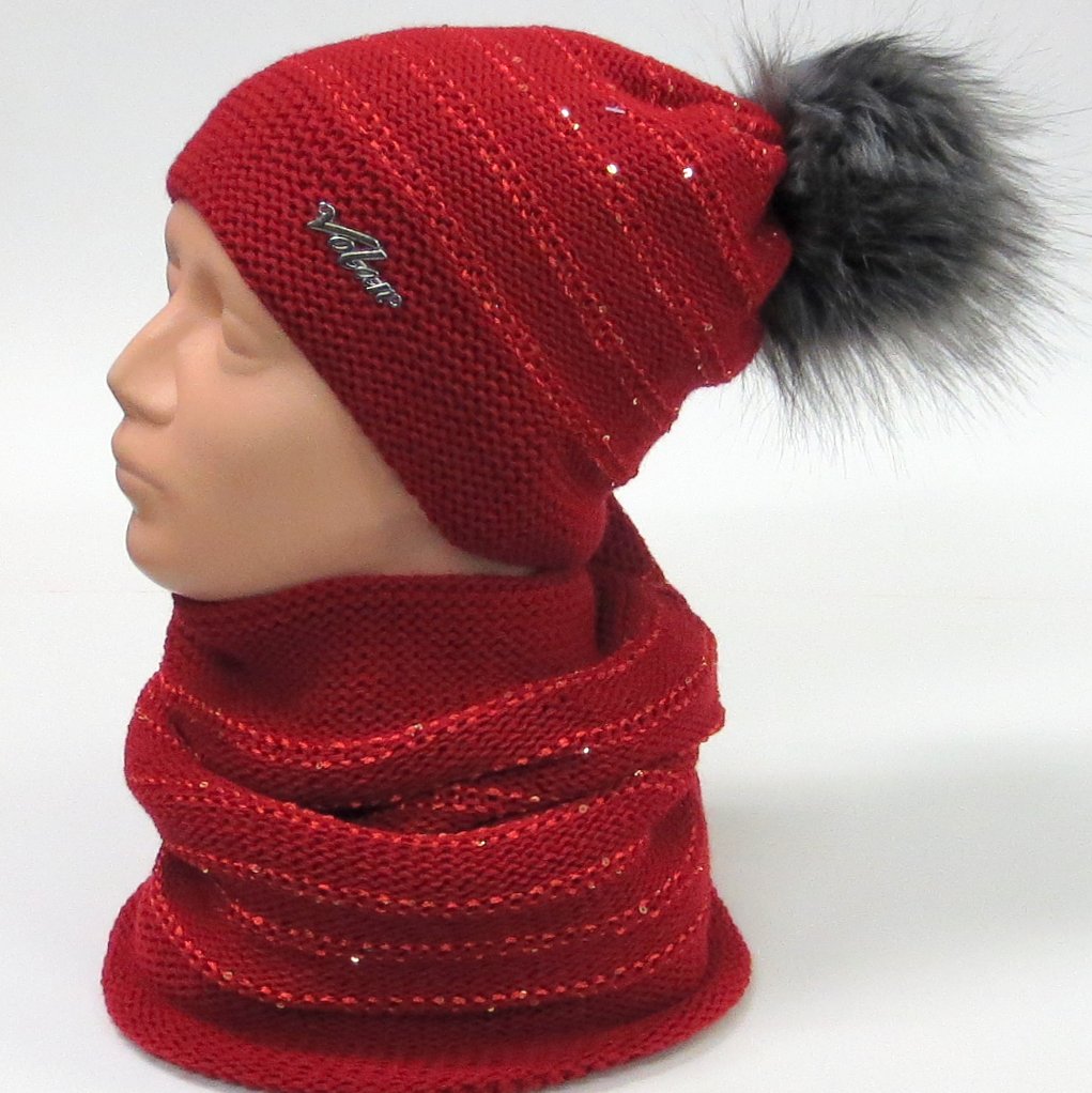 Dámska súprava čiapka a šál ( nákrčník) - červená s flitrami